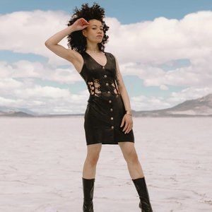 Open Midriff Buckled Leather Mini Dress